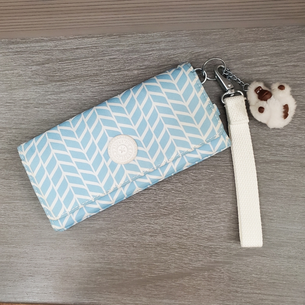 Kipling Rubi Wristlet Wallet Tri Fold Blue and White Chevron EUC